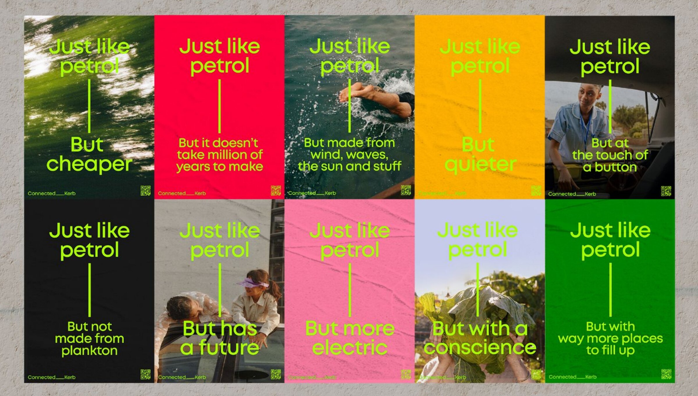 Ten colourful Just Like Petrol campaign posters