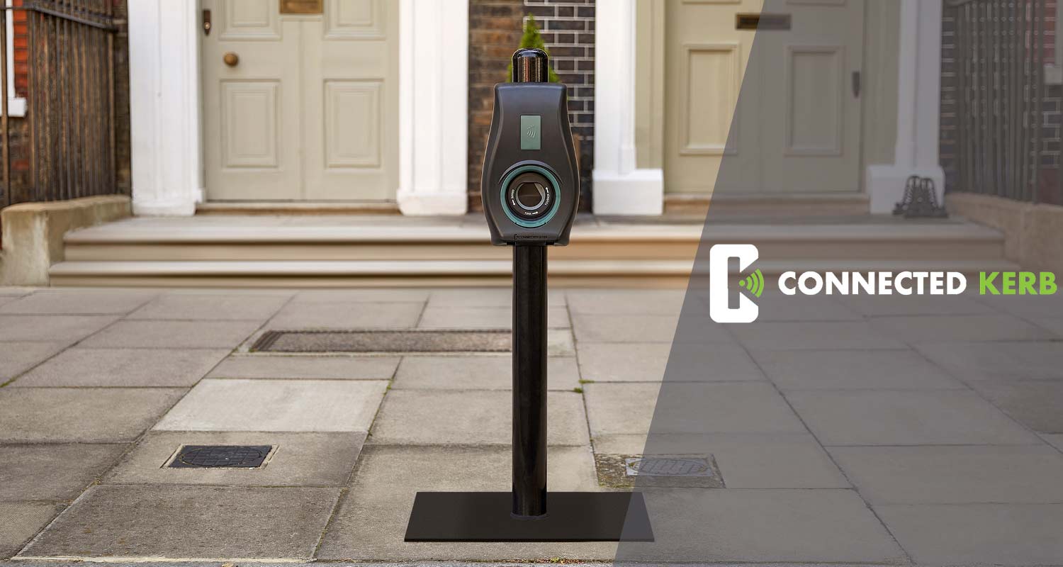 Earlier Connected Kerb banner showing a charging post on a pavement